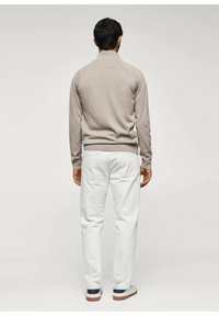 Maglione grigio chiaro con colletto alto, design aderente, orlo rigato, abbinato a pantaloni bianchi e scarpe casual. Visto da dietro.