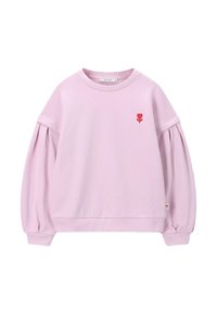 Lichtpaars sweatshirt met lange mouwen en opgeblazen mouwen, met kleine rode bloemenborduursels in de vorm van een hart op de borst.