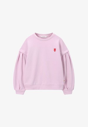 Helllila Sweatshirt mit langen Ärmeln, Puffärmeln und kleiner Herzblumenstickerei in Rot auf der Brust.