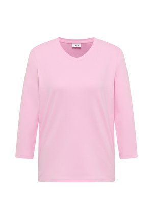 Rosa långärmad T-shirt, tillverkad av mjukt tyg, med V-ringning och en avslappnad passform. Ren design utan mönster eller dekorationer.