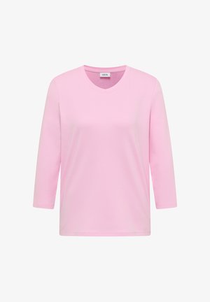 Rosa långärmad T-shirt, tillverkad av mjukt tyg, med V-ringning och en avslappnad passform. Ren design utan mönster eller dekorationer.