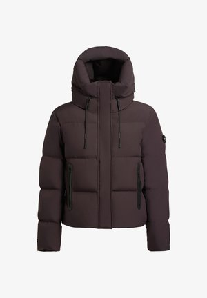 Chaqueta de plumas marrón con un alto cuello, capucha con cordón y bolsillos laterales con cremallera. Tejido suave con secciones acolchadas para aislamiento.