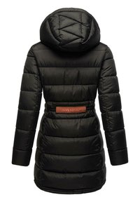 Black puffer coat with a cinched waist, textured quilted pattern, large hood, and a brown "NAVAHOO" brand label at the back.