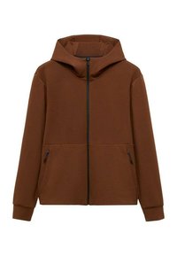 Felpa con cappuccio marrone realizzata in tessuto morbido, con zip frontale, due tasche laterali con zip e polsini a coste.