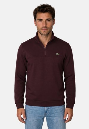 Uomo che indossa una felpa viola scuro con zip a quarto e un piccolo logo verde a forma di coccodrillo e jeans azzurri, in piedi davanti a uno sfondo semplice.