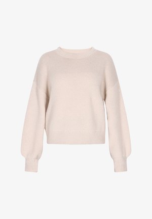 Pulover tricotat bej deschis, cu guler rotund, umeri căzuți, mâneci lungi și tiv cu nervuri. Textură moale și croială lejeră.