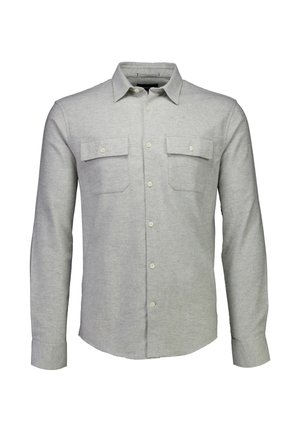 Grijs shirt met lange mouwen gemaakt van zachte stof, voorzien van twee borstzakken, een knoopsluiting aan de voorkant en een standaardkraag.