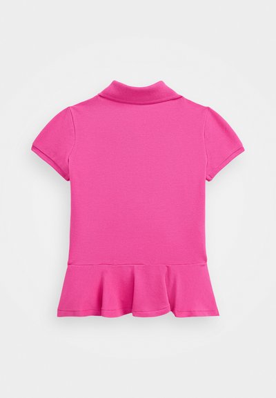 Lyhythihainen polo-tyylinen paita kirkkaan vaaleanpunaisena, valmistettu tekstuurisesta kankaasta, jossa on levenevä helma alareunassa.