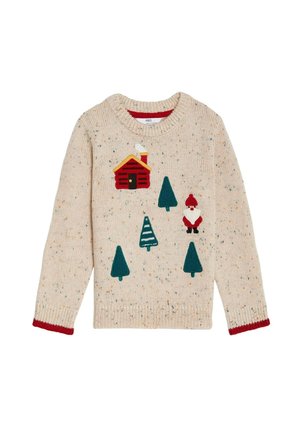 Jersey de punto crema con ribete rojo, con una cabaña roja con humo, cuatro árboles verdes y una pequeña figura de Papá Noel en la parte delantera.