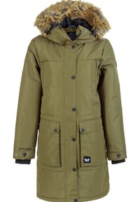 Olivgrön isolerad parkas med imitation av päls på huva, tryckknappsstängning, två framfickor och elastiska ärmslut. Polyesteryttertyg, vadderad foder.