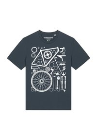Donkerblauwe katoenen T-shirt met een witte grafische afbeelding van fietsonderdelen, waaronder versnellingen, een wiel en gereedschap, gerangschikt in geometrische vormen.