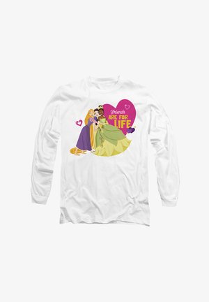 Langärmliges weißes T-Shirt mit Cartoon-Figuren in bunten Kleidern, mit dem Text "Freunde SIND FÜR DAS LEBEN" in fettem Gelb auf einem pinken Herz-Hintergrund.