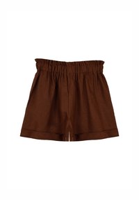 Bruine linnen shorts met een elastische tailleband, met een rechte snit en kleine splitjes aan de voorzijde van de zoom. Zachte textuur, minimalistisch ontwerp.