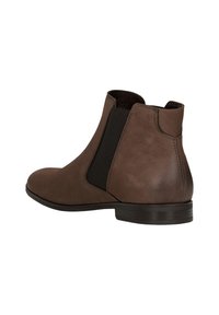Braune Leder-Ankle-Boots mit schwarzen elastischen Seitenpanelen, runder Zehenform und niedrigem, gestapeltem Absatz. Glatte Oberfläche mit feinen Steppnähten.