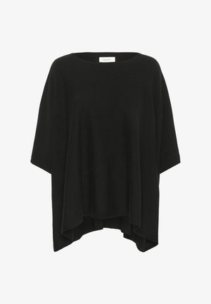 Suéter negro de gran tamaño con un amplio escote barco, mangas cortas y un diseño holgado y drapeado. Tela suave y texturizada sin patrones visibles.