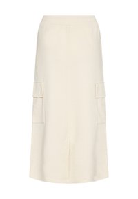 Beige Midirock aus weichem Material, mit einem elastischen Taillenbund, zwei seitlichen Cargo-Taschen und einem mittigen Schlitzdetails.