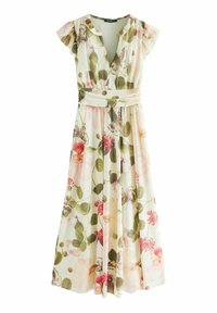 Rochie maxi florală din material ușor. Prezintă un decolteu în V, mâneci scurte cu volane, talie accesorizată cu un brâu și o siluetă fluidă cu modele în nuanțe de roz și verde.