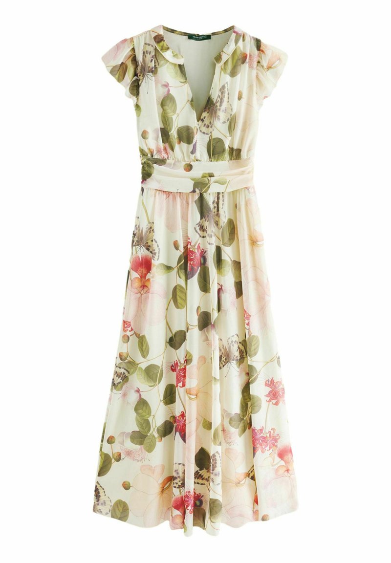Rochie maxi florală din material ușor. Prezintă un decolteu în V, mâneci scurte cu volane, talie accesorizată cu un brâu și o siluetă fluidă cu modele în nuanțe de roz și verde.