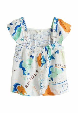 Witte mouwloze top met wappermouwen, knopen aan de voorkant en een kleurrijke, gedrukte kaart van het Middellandse Zeegebied, inclusief de eilanden Rhodos, Kos en Mykonos.