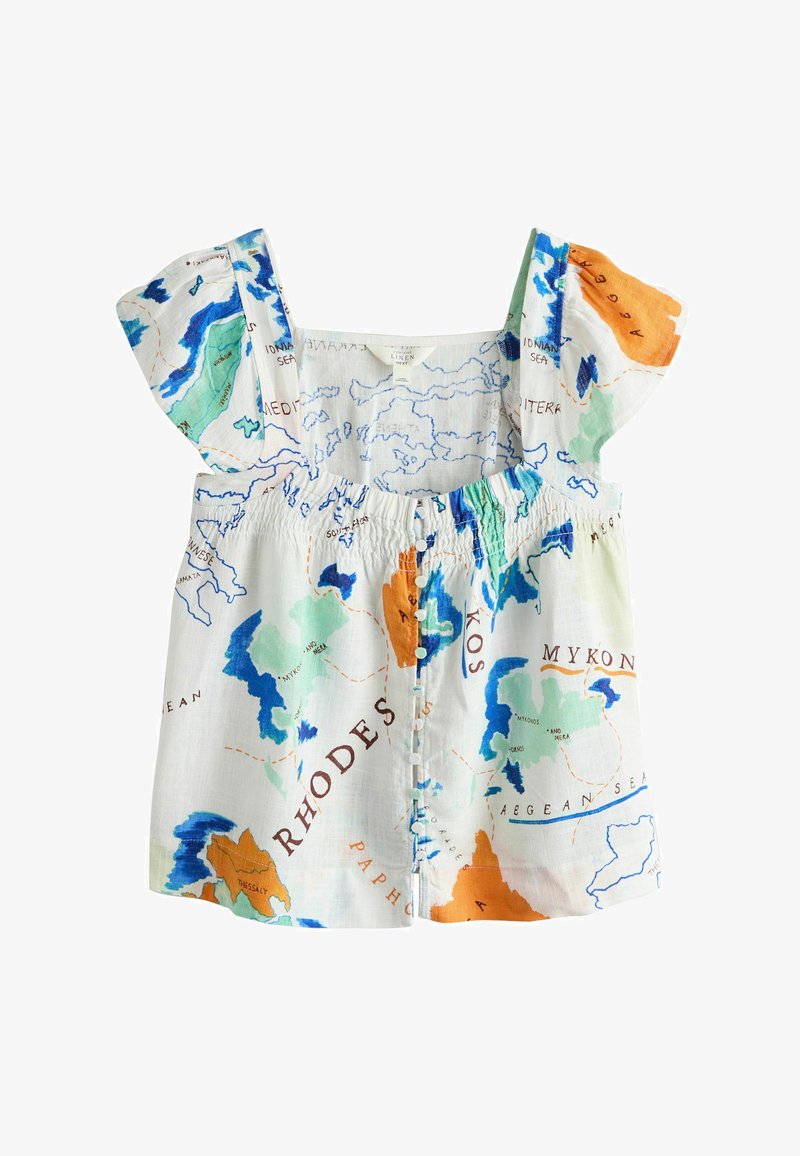 Haut blanc sans manches avec manches volantées, boutonné devant, et imprimé d'une carte colorée de la Méditerranée incluant les îles de Rhodes, Kos et Mykonos.