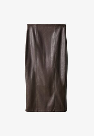 Brown leather pencil skirt with a smooth texture, knee-length, featuring vertical seams for design. No additional hardware or accents.