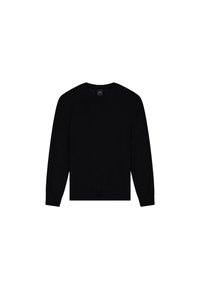 Maglione nero in maglia con maniche lunghe, scollo rotondo, polsini e orlo a costine. Texture liscia, design aderente, stile minimalista.