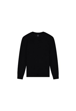 Maglione nero in maglia con maniche lunghe, scollo rotondo, polsini e orlo a costine. Texture liscia, design aderente, stile minimalista.