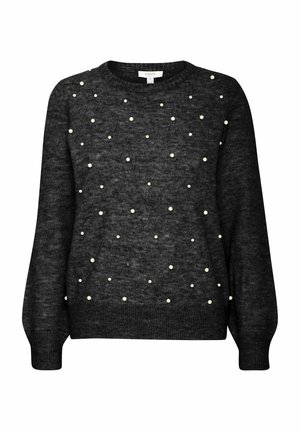 Schwarzer Strickpullover mit rundem Halsausschnitt, verziert mit gleichmäßig verteilten weißen Zierperlen an der Vorderseite sowie gerippten Bündchen und Saum.
