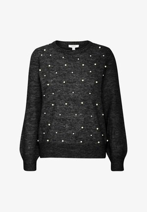 Schwarzer Strickpullover mit rundem Halsausschnitt, verziert mit gleichmäßig verteilten weißen Zierperlen an der Vorderseite sowie gerippten Bündchen und Saum.