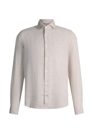 Koszula lniana w jasnym beżu z długim rękawem, klasycznym kołnierzykiem i białymi guzikami z przodu.