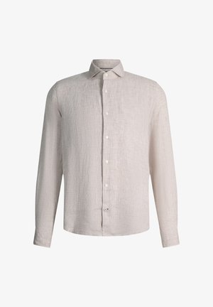 Koszula lniana w jasnym beżu z długim rękawem, klasycznym kołnierzykiem i białymi guzikami z przodu.