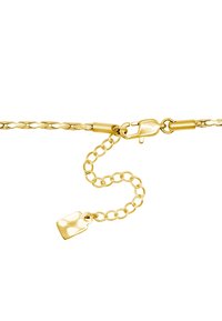 Bracciale in metallo dorato con chiusura a granchio, caratterizzato da anelli intrecciati e un dettaglio a rettangolo appeso. Texture liscia in tutto il bracciale.