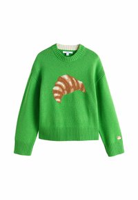 Zaļš adīts džemperis ar lielu brūnu un krēmveida kruasāna dizainu priekšpusē, ar ribinātiem piedurknēm un jostas daļu.