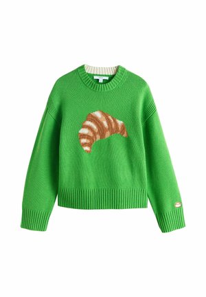 Zelený pletený sveter s veľkým hnedobielym dizajnom croissantu na prednej strane, s rebrovanými manžetami a pásom.