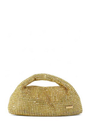 Piccola borsa dorata coperta di paillettes lucenti con manico arrotondato e struttura in tessuto morbido e arricciato.