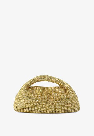 Piccola borsa dorata coperta di paillettes lucenti con manico arrotondato e struttura in tessuto morbido e arricciato.