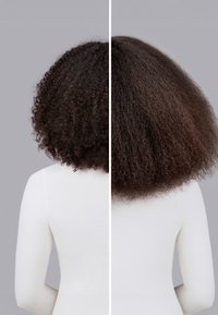 Curly hair on the left with tight spirals, textured, dark brown color. Right side shows a fuller, smooth, wavy texture, lighter brown hue.