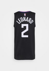 Mustapaita, jossa on pyöreä pääntie ja punaiset sekä siniset yksityiskohdat. Takana on valkoisella painettuna numero "2" ja "LEONARD".