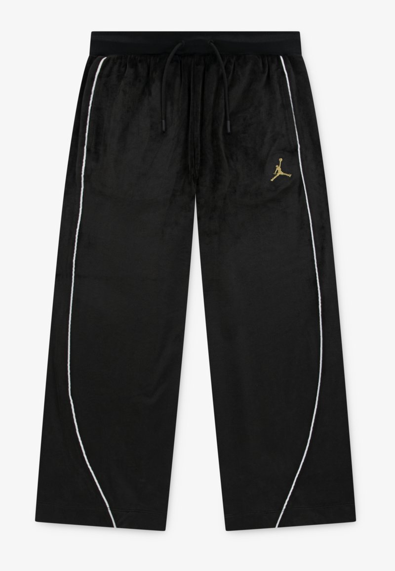 Crne baršunaste trenerke s crnim elastičnim pojasom, bijelim bočnim trakama i zlatnim Jumpman logotipom na lijevom bedru.