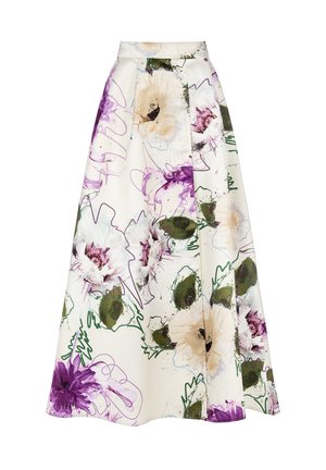 Gonna a stampa floreale in tessuto bianco con tonalità di viola, verde e beige. Presenta una vita alta e una silhouette a A con design plissettato.