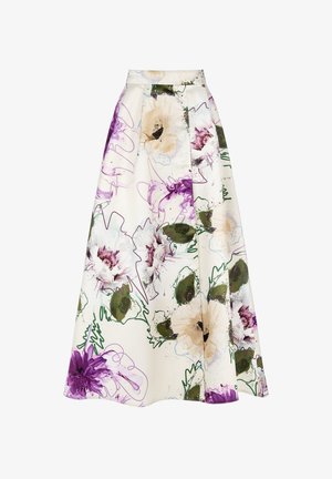 Gonna a stampa floreale in tessuto bianco con tonalità di viola, verde e beige. Presenta una vita alta e una silhouette a A con design plissettato.