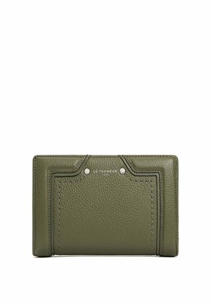 Olive green leather wallet with textured surface, contrasting stitching, and metallic logo accents. Slim, rectangular design with card slots.