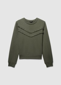 Sweat-shirt vert olive avec un col rond et des manches longues. Il présente deux couches horizontales à franges sur la poitrine. Tissu doux et texturé.