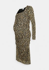 Vestido de maternidade em tecido suave e transparente com padrão de leopardo. Mangas longas, corpo ajustado, textura franzida e design até ao tornozelo.