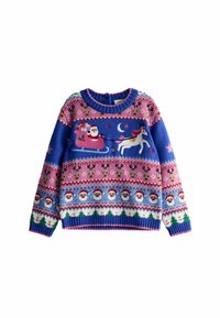 Bunt gestrickter Pullover mit blau, pink und weißen Farbtönen, verziert mit Santa, einem Einhorn und festlichen Mustern.