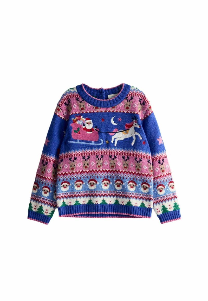 Bunt gestrickter Pullover mit blau, pink und weißen Farbtönen, verziert mit Santa, einem Einhorn und festlichen Mustern.