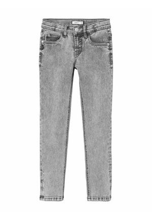 Jeans skinny em denim cinza com um clássico design de cinco bolsos, textura ligeiramente desbotada e fecho de zip com botão na parte superior.