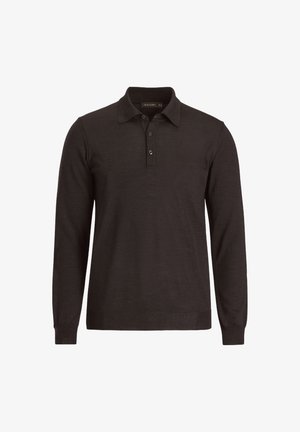 Long-sleeve dark gray polo shirt in soft fabric with a ribbed collar, three-button placket, and textured body.