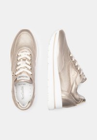 Metallic gold sneakers with mesh and synthetic upper, lace-up design, white midsole, and subtle branding on the tongue and side.