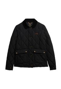 Veste matelassée noire avec col en velours côtelé, boutons-pression à l'avant, deux poches à rabat avec fermetures à pression et une petite étiquette de marque sur la poitrine.